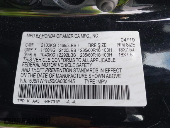 2019 Honda CR-V EX with VIN 5J6RW1H56KA030445, listed as a IAAI auction lot 42043513 with 137,087 mi miles. Bid and sale history available at carsss.com. Image 9.