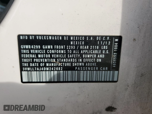 2013 Volkswagen Jetta TDI w/Premium/Nav with VIN 3VWLL7AJ4DM242682, listed as a Copart auction lot 53879635 with 123,945 mi miles and Salvage title. Bid and sale history available at DreamBid. Image 12.