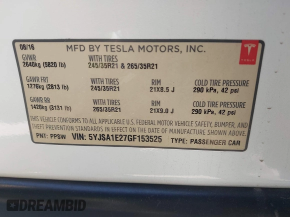2016 Tesla Model S 90D with VIN 5YJSA1E27GF153525, listed as a IAAI auction lot 41539221 with 145,771 mi miles and . Bid and sale history available at DreamBid. Image 9.