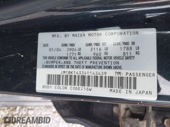 2004 Mazda 3 s with VIN JM1BK143341143439, listed as a IAAI auction lot 42121987 with 189,506 mi miles and . Bid and sale history available at DreamBid. Image 9.