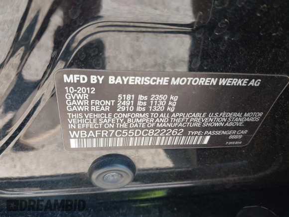 2013 BMW 5 Series 535i with VIN WBAFR7C55DC822262, listed as a IAAI auction lot 42136544 with 111,541 mi miles and . Bid and sale history available at DreamBid. Image 9.