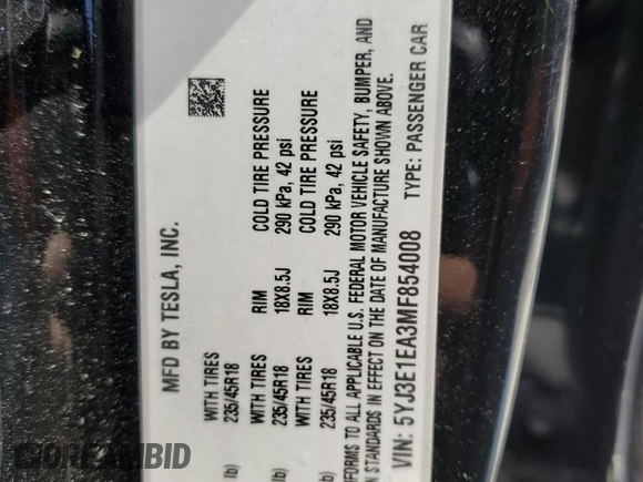 2021 Tesla Model 3 Standard Range Plus z VIN 5YJ3E1EA3MF854008, wystawiony jako Copart lot #49494315 z przebiegiem 220 354 mil mil oraz Tytuł czysty. Historia ofert i sprzedaży dostępna na DreamBid. Obrazek 12.