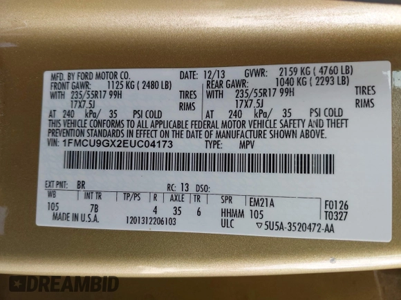 2014 Ford Escape SE with VIN 1FMCU9GX2EUC04173, listed as a IAAI auction lot 42745018 with Not provided miles and . Bid and sale history available at DreamBid. Image 9.