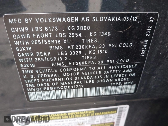 2012 Volkswagen Touareg Sport z VIN WVGEF9BP5CD011717, wystawiony jako IAAI lot #41787614 z przebiegiem 138 127 mil mil oraz . Historia ofert i sprzedaży dostępna na DreamBid. Obrazek 9.