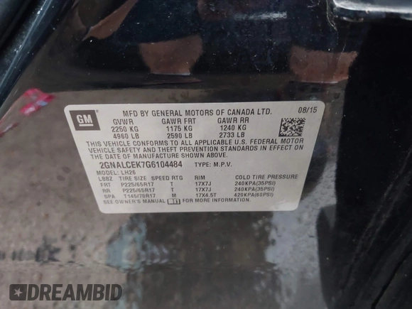 2016 Chevrolet Equinox LT with VIN 2GNALCEK7G6104484, listed as a IAAI auction lot 42114094 with 77,020 mi miles and . Bid and sale history available at carsss.com. Image 9.