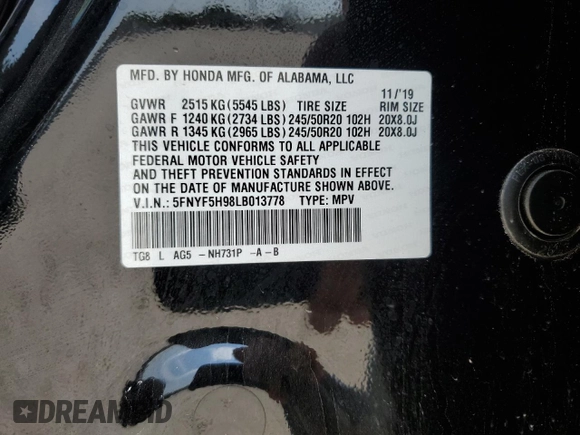 2020 Honda Pilot Touring 8-Passenger with VIN 5FNYF5H98LB013778, listed as a Copart auction lot 53112115 with 86,276 mi miles and Salvage Title. Bid and sale history available at DreamBid. Image 13.
