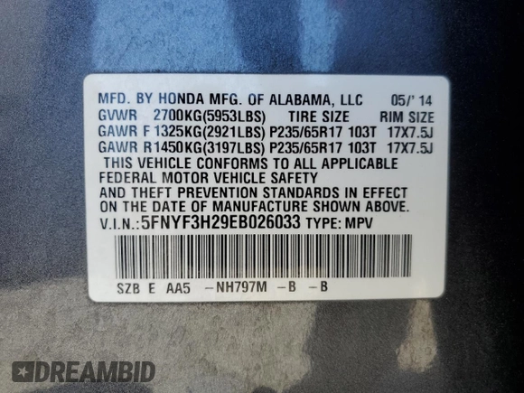 2014 Honda Pilot LX with VIN 5FNYF3H29EB026033, listed as a Copart auction lot 62529725 with 108,984 mi miles and Salvage title. Bid and sale history available at DreamBid. Image 13.