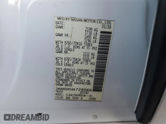 2016 Nissan Frontier Desert Runner with VIN 1N6AD0ER5GN728066, listed as a Copart auction lot 46684505 with 211,922 mi miles and Salvage title. Bid and sale history available at DreamBid. Image 15.