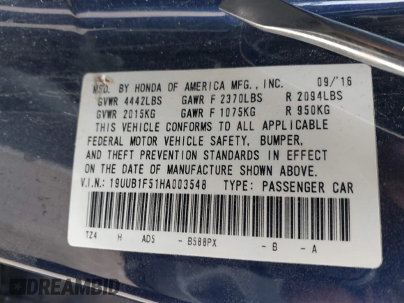 2017 Acura TLX w/Technology Pkg with VIN 19UUB1F51HA003548, listed as a IAAI auction lot 41843968 with 72,902 mi miles. Bid and sale history available at carsss.com. Image 9.