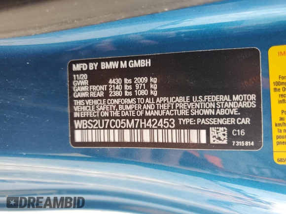 2021 BMW M2 Competition z VIN WBS2U7C05M7H42453, wystawiony jako Copart lot #54772035 z przebiegiem 12 383 mil mil oraz Szkoda całkowita • Salvage title. Historia ofert i sprzedaży dostępna na DreamBid. Obrazek 13.