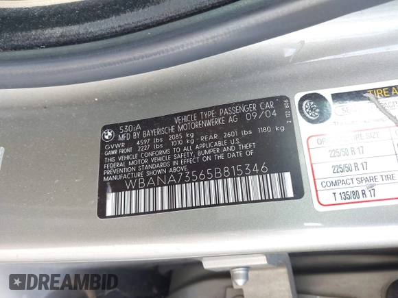 2005 BMW 5 Series 530i with VIN WBANA73565B815346, listed as a IAAI auction lot 41710391 with 167,962 mi miles and . Bid and sale history available at DreamBid. Image 9.