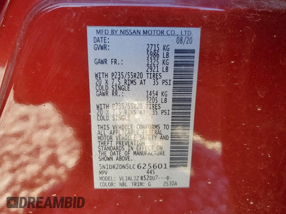 2020 Nissan Pathfinder Platinum with VIN 5N1DR2DN5LC625601, listed as a Copart auction lot 81603414 with Not provided miles and Salvage title. Bid and sale history available at DreamBid. Image 13.