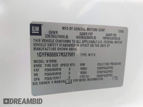 2007 Cadillac Escalade ESV with VIN 1GYFK668X7R327901, listed as a IAAI auction lot 41895943 with 268,821 mi miles. Bid and sale history available at carsss.com. Image 9.