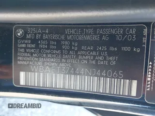 2004 BMW 3 Series 325i with VIN WBAET37444NJ44065, listed as a IAAI auction lot 41830178 with 91,037 mi miles and . Bid and sale history available at DreamBid. Image 9.