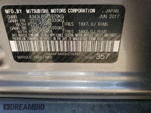 2017 Mitsubishi Outlander ES with VIN JA4AP3AU0HZ064933, listed as a Copart auction lot 78855624 with 142,626 mi miles and Salvage title. Bid and sale history available at DreamBid. Image 12.