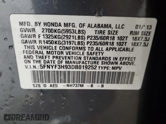 2013 Honda Pilot Touring z VIN 5FNYF3H93DB019252, wystawiony jako Copart lot #64631715 z przebiegiem 134 343 mil mil oraz Szkoda całkowita • Salvage title. Historia ofert i sprzedaży dostępna na DreamBid. Obrazek 13.
