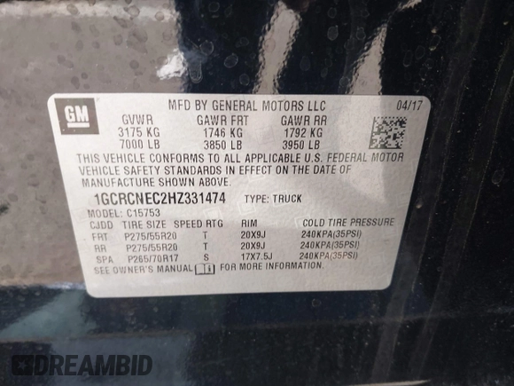 2017 Chevrolet Silverado 1500 LS with VIN 1GCRCNEC2HZ331474, listed as a IAAI auction lot 41707267 with 86,027 mi miles and . Bid and sale history available at DreamBid. Image 9.
