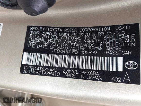 2011 Toyota Prius I with VIN JTDKN3DU8B1408929, listed as a IAAI auction lot 41925472 with 162,130 mi miles. Bid and sale history available at carsss.com. Image 9.