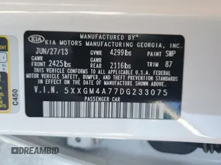 2013 Kia Optima LX with VIN 5XXGM4A77DG233075, listed as a Copart auction lot 51479855 with 131,332 mi miles and Salvage Title. Bid and sale history available at carsss.com. Image 12.