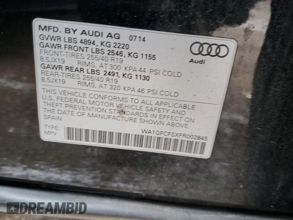 2015 Audi Q3 2.0T Prestige with VIN WA1GFCFSXFR002845, listed as a Copart auction lot 72222532 with 65,860 mi miles. Bid and sale history available at carsss.com. Image 13.