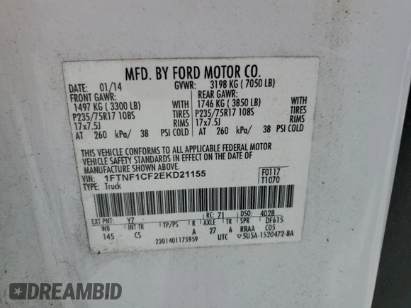 2014 Ford F-150 XL with VIN 1FTNF1CF2EKD21155, listed as a Copart auction lot 54897075 with 156,681 mi miles and Salvage title. Bid and sale history available at DreamBid. Image 12.
