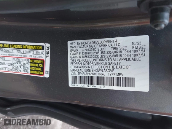2024 Honda Odyssey EX-L with VIN 5FNRL6H65RB016848, listed as a IAAI auction lot 41762469 with 18,909 mi miles and . Bid and sale history available at DreamBid. Image 9.