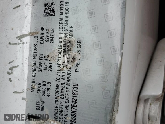 2014 Buick Verano Group with VIN 1G4PS5SK7E4218730, listed as a Copart auction lot 57445275 with 105,907 mi miles and Salvage title. Bid and sale history available at DreamBid. Image 13.