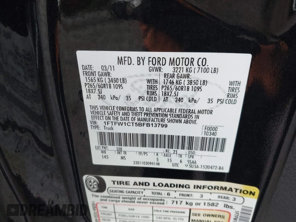 2011 Ford F-150 XLT with VIN 1FTFW1CT5BFB13799, listed as a IAAI auction lot 41426609 with 200,000 mi miles. Bid and sale history available at carsss.com. Image 9.
