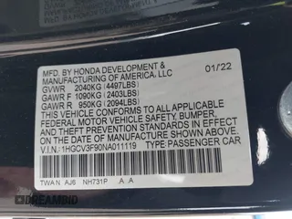 2022 Honda Accord Touring with VIN 1HGCV3F90NA011119, listed as a IAAI auction lot 41988926 with Not provided miles and . Bid and sale history available at DreamBid. Image 9.
