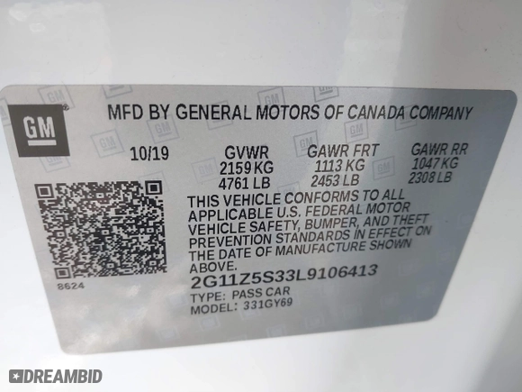 2020 Chevrolet Impala LT with VIN 2G11Z5S33L9106413, listed as a IAAI auction lot 41369368 with 38,239 mi miles. Bid and sale history available at carsss.com. Image 9.