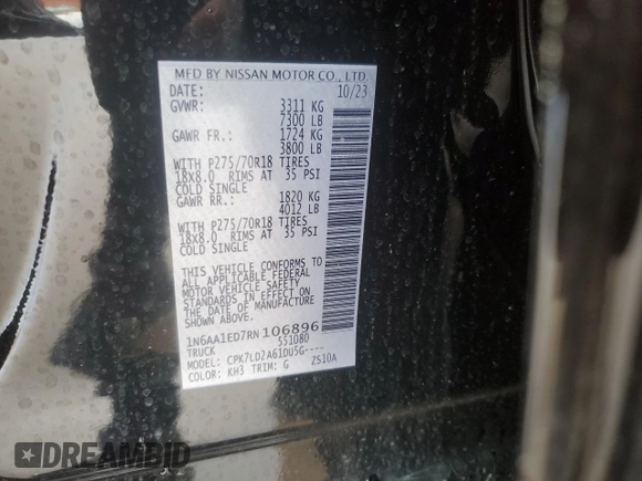 2024 Nissan Titan Pro-4X with VIN 1N6AA1ED7RN106896, listed as a Copart auction lot 55622215 with 16,155 mi miles and Salvage title. Bid and sale history available at DreamBid. Image 12.