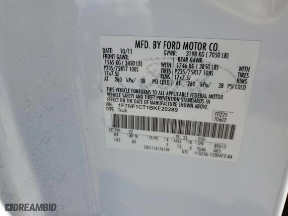 2011 Ford F-150 XL with VIN 1FTNF1CT1BKE20289, listed as a Copart auction lot 67071124 with 261,315 mi miles and Salvage Title. Bid and sale history available at carsss.com. Image 12.