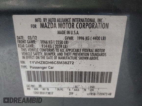 2012 Mazda 6 i Touring with VIN 1YVHZ8DH6C5M38272, listed as a IAAI auction lot 42167793 with 133,625 mi miles and . Bid and sale history available at DreamBid. Image 9.