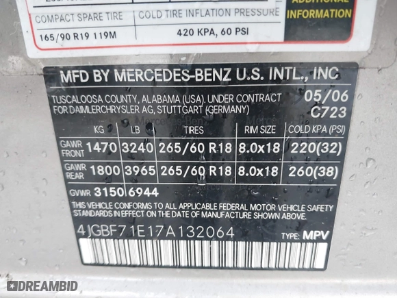 2007 Mercedes-Benz GL-Class with VIN 4JGBF71E17A132064, listed as a IAAI auction lot 41712672 with 129,744 mi miles. Bid and sale history available at carsss.com. Image 9.