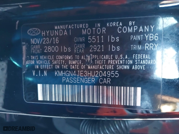 2017 Genesis G80 3.8L with VIN KMHGN4JE3HU204955, listed as a IAAI auction lot 41501931 with 83,519 mi miles. Bid and sale history available at carsss.com. Image 9.
