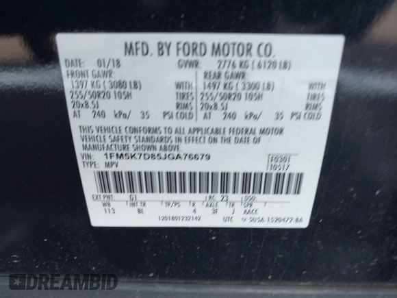 2018 Ford Explorer XLT with VIN 1FM5K7D85JGA76679, listed as a IAAI auction lot 42052252 with 107,449 mi miles and . Bid and sale history available at DreamBid. Image 9.