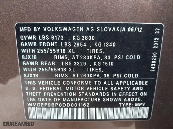 2013 Volkswagen Touareg Exec with VIN WVGEF9BP0DD001162, listed as a IAAI auction lot 41539806 with 134,094 mi miles. Bid and sale history available at carsss.com. Image 9.
