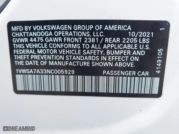 2022 Volkswagen Passat 2.0T SE with VIN 1VWSA7A33NC005929, listed as a IAAI auction lot 41877352 with 45,383 mi miles. Bid and sale history available at carsss.com. Image 9.