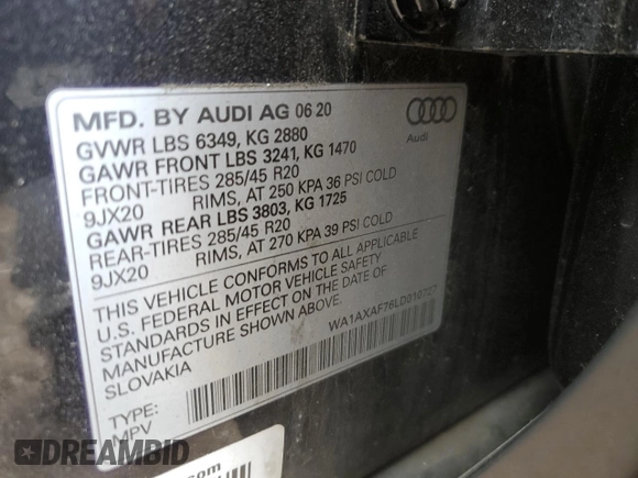 2020 Audi Q7 Premium with VIN WA1AXAF76LD010727, listed as a Copart auction lot 49677003 with 50,142 mi miles. Bid and sale history available at carsss.com. Image 13.