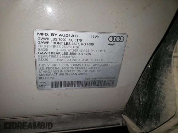 2021 Audi e-tron Sportback Premium Plus with VIN WA12ABGE6MB015156, listed as a Copart auction lot 79628264 with 48,037 mi miles and Clean title. Bid and sale history available at DreamBid. Image 12.