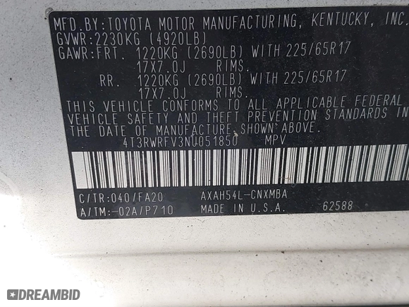 2022 Toyota RAV4 Hybrid XLE with VIN 4T3RWRFV3NU051850, listed as a IAAI auction lot 41571914 with 55,584 mi miles. Bid and sale history available at carsss.com. Image 9.