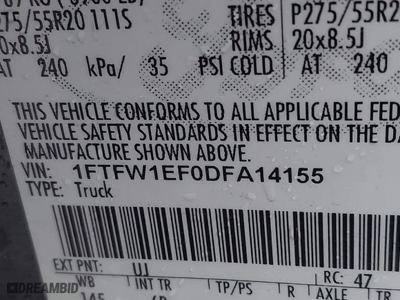 2013 Ford F-150 XL with VIN 1FTFW1EF0DFA14155, listed as a IAAI auction lot 41216268 with 207,889 mi miles. Bid and sale history available at carsss.com. Image 9.