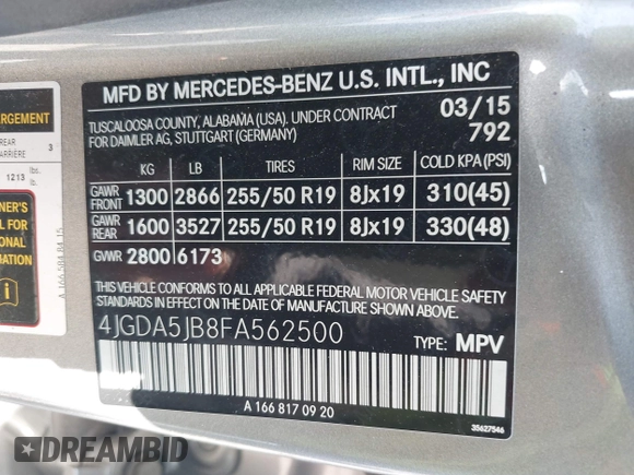 2015 Mercedes-Benz M 350 with VIN 4JGDA5JB8FA562500, listed as a IAAI auction lot 41932318 with 117,512 mi miles and . Bid and sale history available at DreamBid. Image 9.