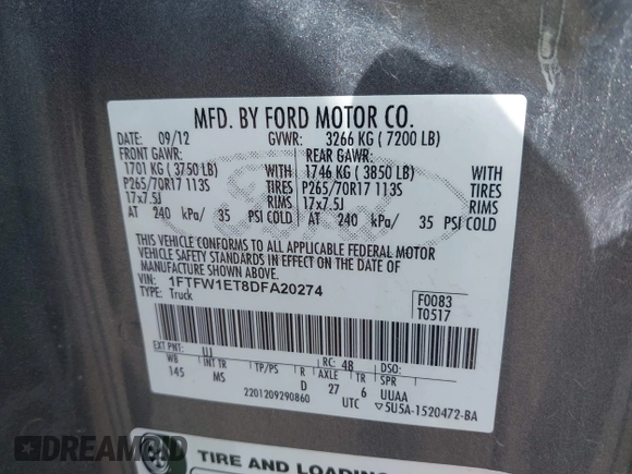 2013 Ford F-150 XL with VIN 1FTFW1ET8DFA20274, listed as a IAAI auction lot 42547010 with 94,178 mi miles and . Bid and sale history available at DreamBid. Image 9.