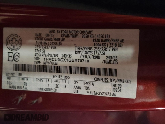 2016 Ford Escape SE with VIN 1FMCU0GX1GUA70710, listed as a Copart auction lot 52299925 with 205,760 mi miles and Salvage Title. Bid and sale history available at carsss.com. Image 13.