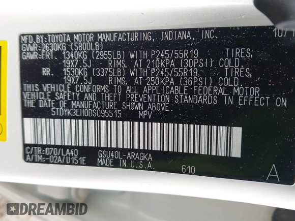 2013 Toyota Highlander Limited with VIN 5TDYK3EH0DS095515, listed as a IAAI auction lot 42251154 with 99,026 mi miles and . Bid and sale history available at DreamBid. Image 9.