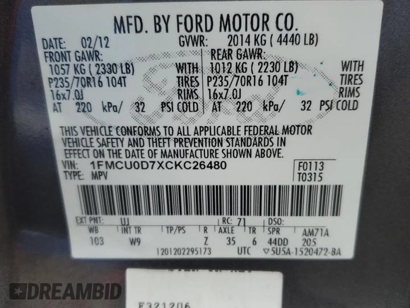 2012 Ford Escape XLT with VIN 1FMCU0D7XCKC26480, listed as a Copart auction lot 50063535 with 167,376 mi miles and Salvage Title. Bid and sale history available at carsss.com. Image 16.