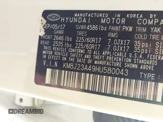 2017 Hyundai Tucson SE z VIN KM8J23A49HU580043, wystawiony jako IAAI lot #42181640 z przebiegiem 113 976 mil mil oraz . Historia ofert i sprzedaży dostępna na DreamBid. Obrazek 9.