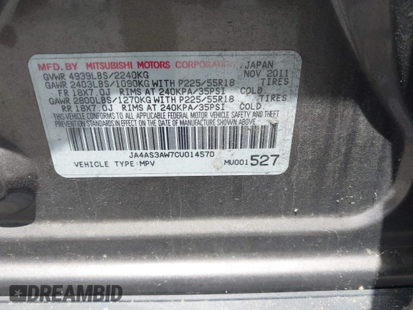 2012 Mitsubishi Outlander SE z VIN JA4AS3AW7CU014570, wystawiony jako IAAI lot #42340449 z przebiegiem 116 127 mil mil oraz . Historia ofert i sprzedaży dostępna na DreamBid. Obrazek 9.