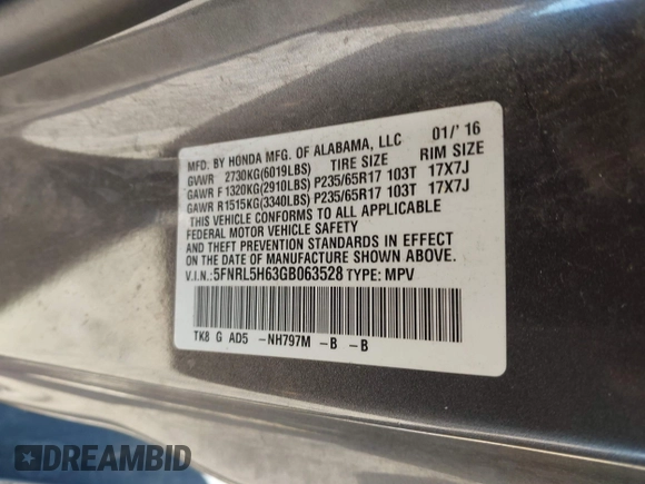 2016 Honda Odyssey EX-L with VIN 5FNRL5H63GB063528, listed as a IAAI auction lot 41757826 with 137,355 mi miles and . Bid and sale history available at DreamBid. Image 9.